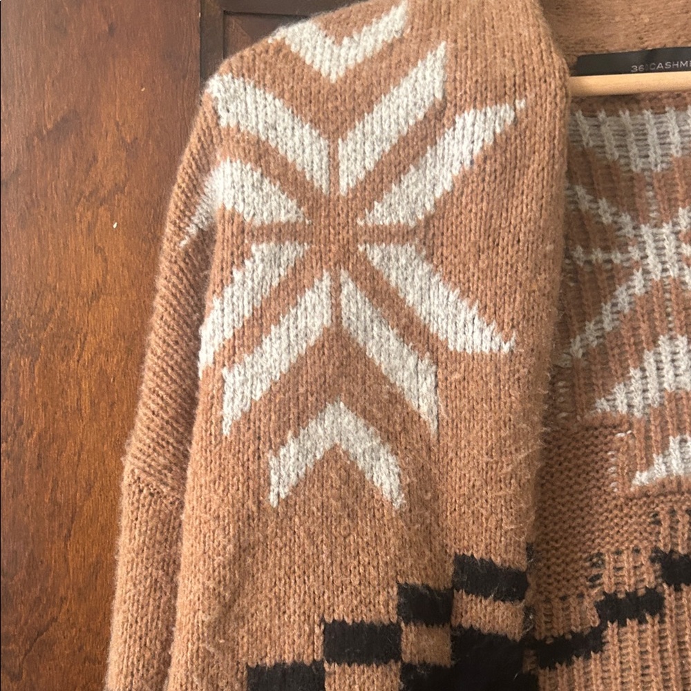 360 Cashmere Tan, Black & White Patterned Open-Front Cardigan - Picture 3 of 9